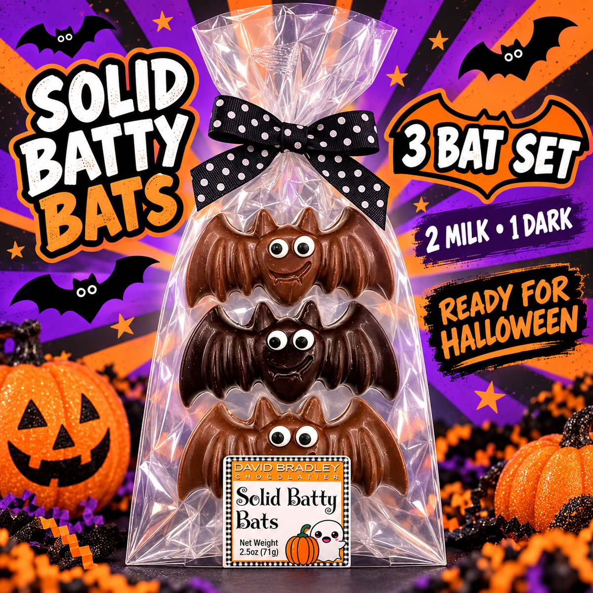 3-Piece Milk & Dark Chocolate Halloween Candy Set Solid Batty Bats