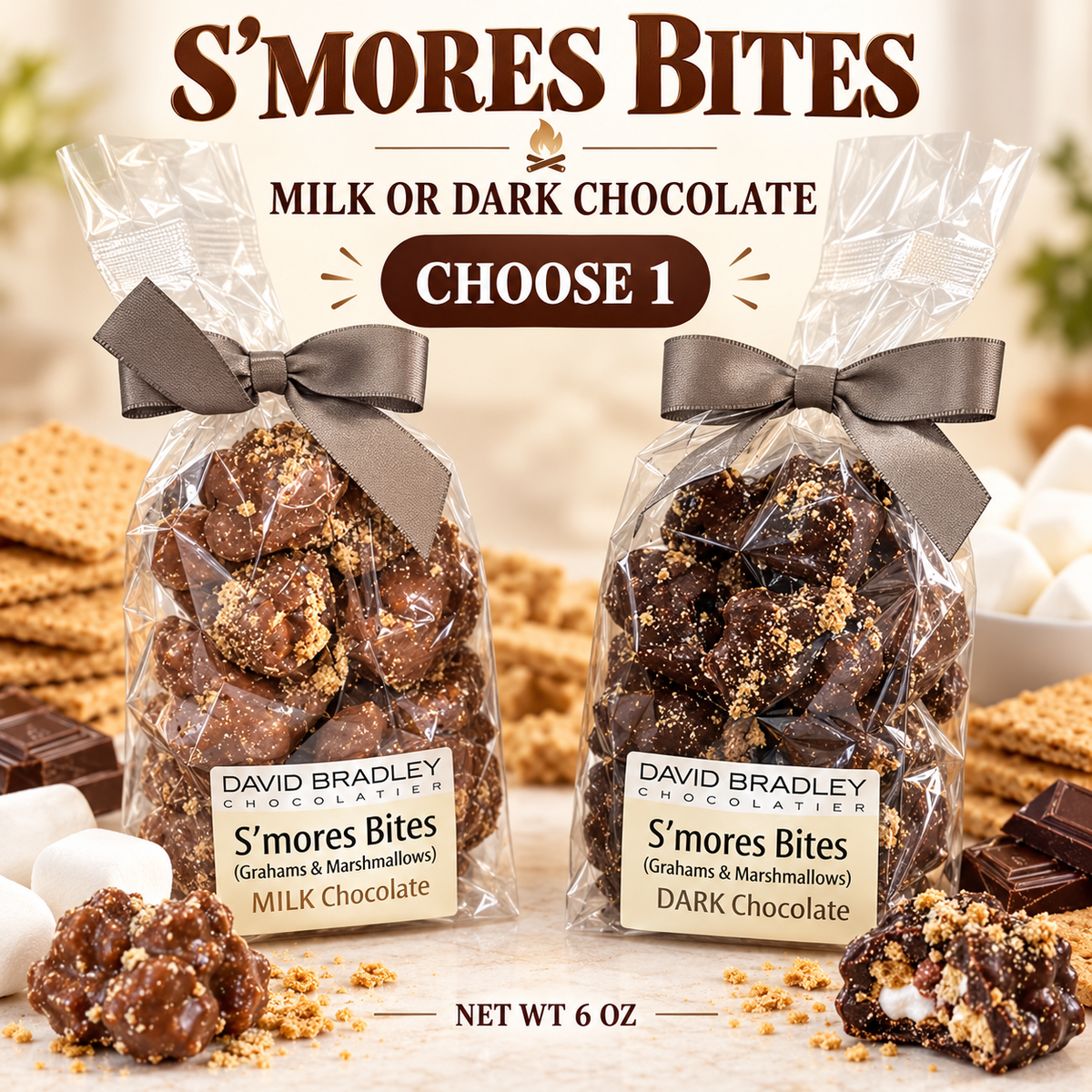 S’mores Bites - Milk or Dark Chocolate | Marshmallow & Graham Cracker Candy