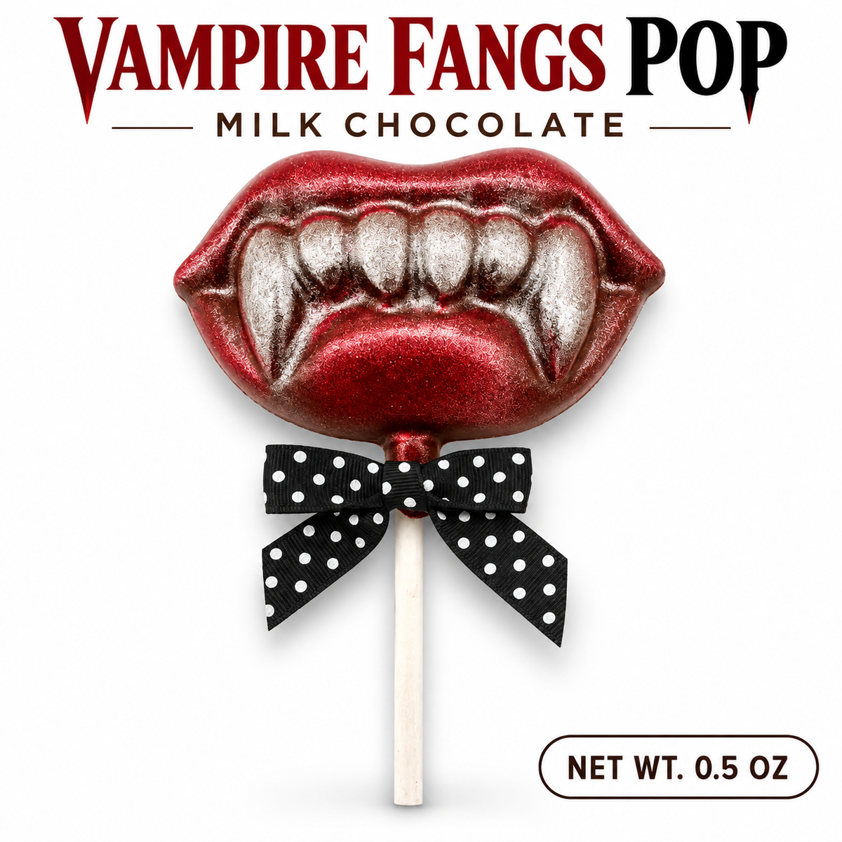Milk Chocolate Vampire Fangs Pop with Red & Silver Edible Dust – Halloween Candy – 0.5 oz