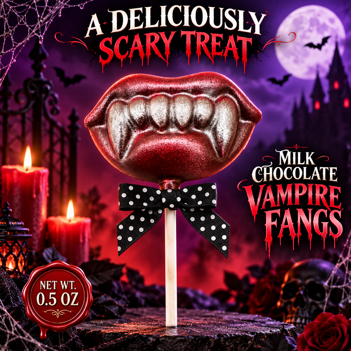 Milk Chocolate Vampire Fangs Pop with Red & Silver Edible Dust – Halloween Candy – 0.5 oz