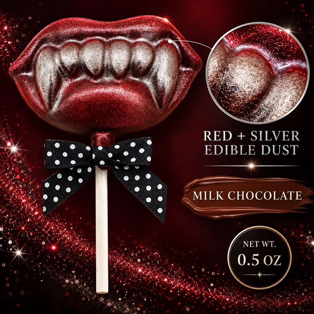 Milk Chocolate Vampire Fangs Pop with Red & Silver Edible Dust – Halloween Candy – 0.5 oz