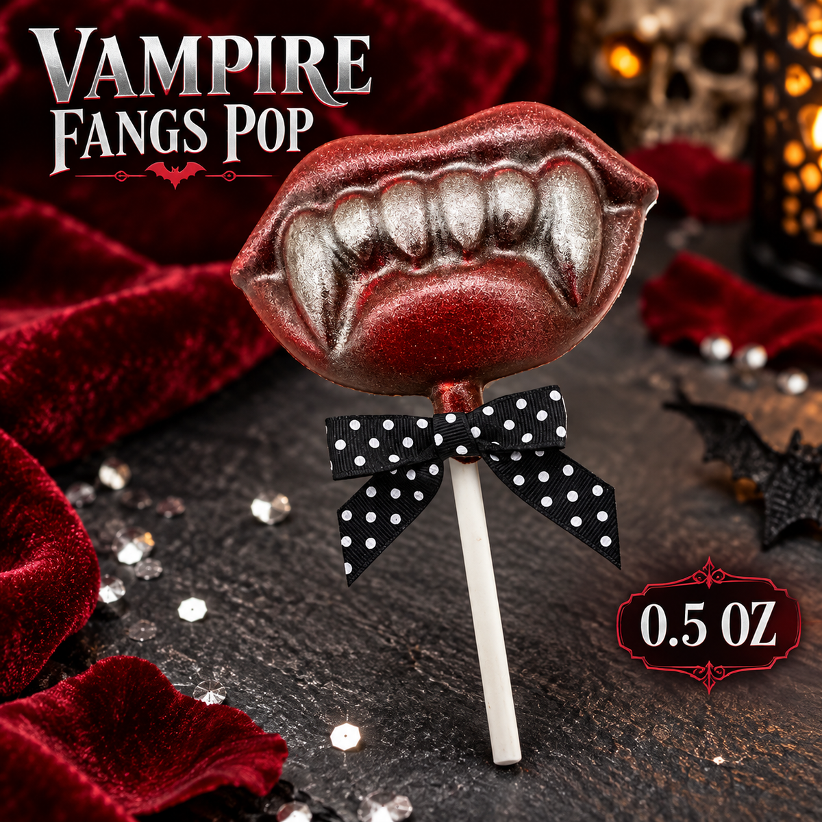 Milk Chocolate Vampire Fangs Pop with Red & Silver Edible Dust – Halloween Candy – 0.5 oz