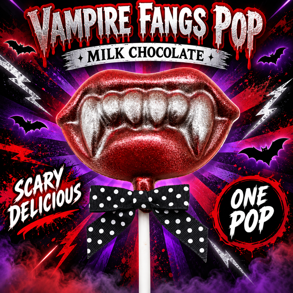 Milk Chocolate Vampire Fangs Pop with Red & Silver Edible Dust – Halloween Candy – 0.5 oz