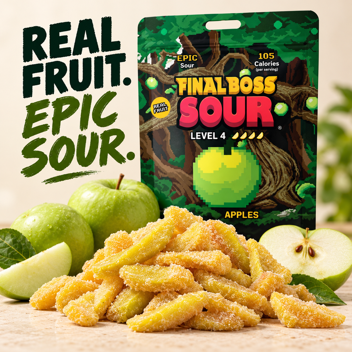 Level 4 Sour Green Apple (4-Pack) - Real Dried Fruit Candy
