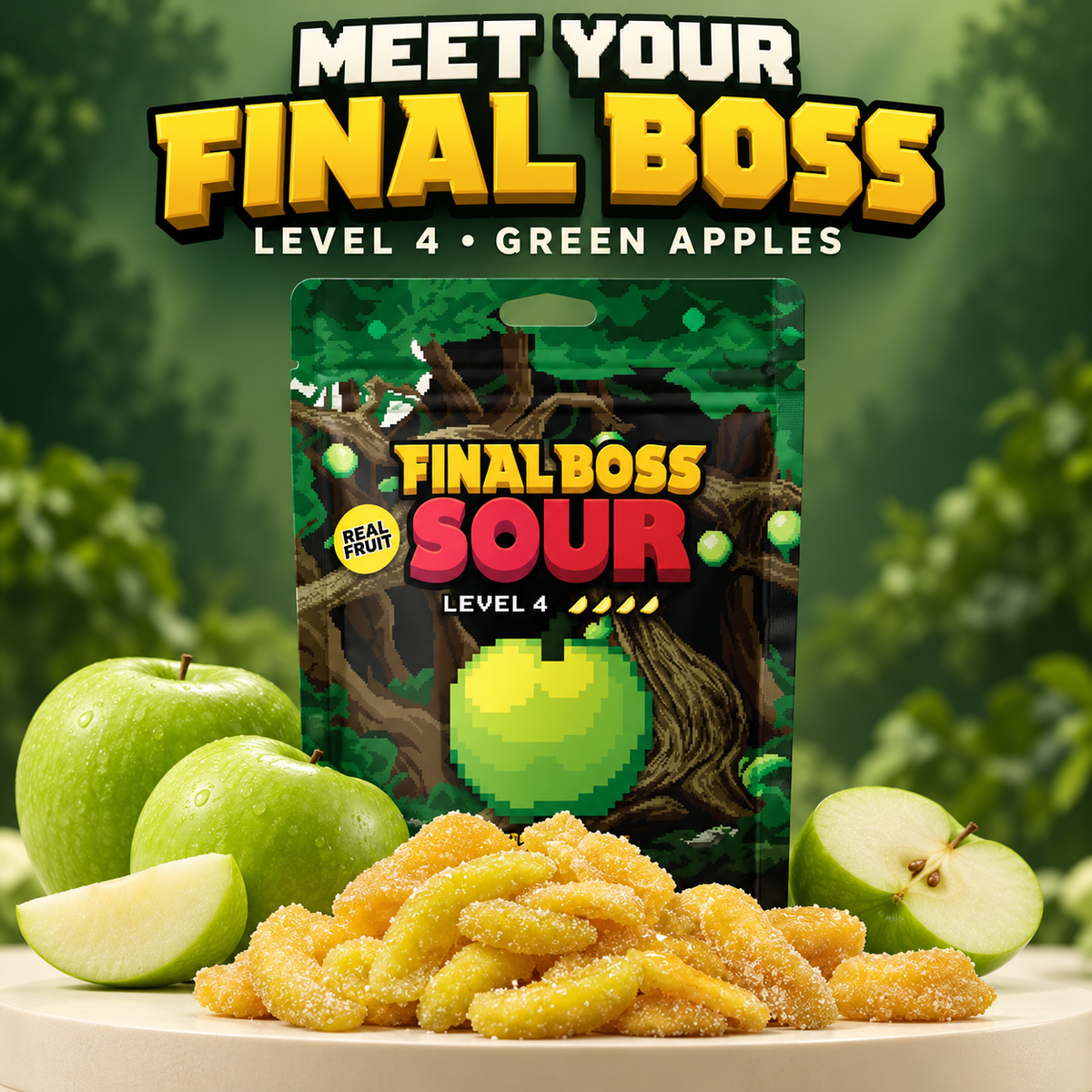Level 4 Sour Green Apple (4-Pack) - Real Dried Fruit Candy