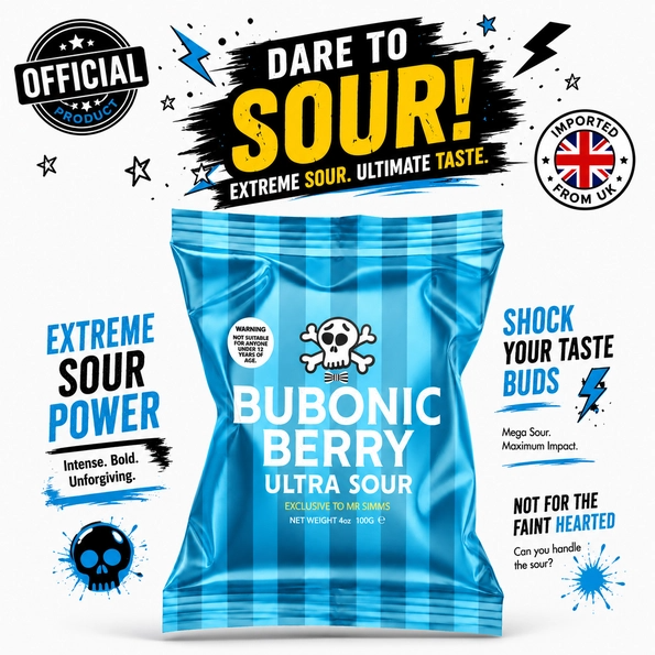 Mr Simms Bubonic Berry Ultra Sour Candy 4 oz – Extreme Blue Berry Candy Imported from the UK
