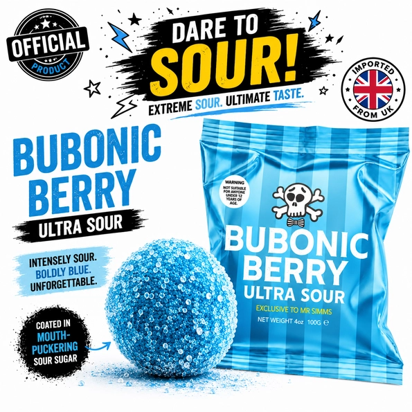 Mr Simms Bubonic Berry Ultra Sour Candy 4 oz – Extreme Blue Berry Candy Imported from the UK