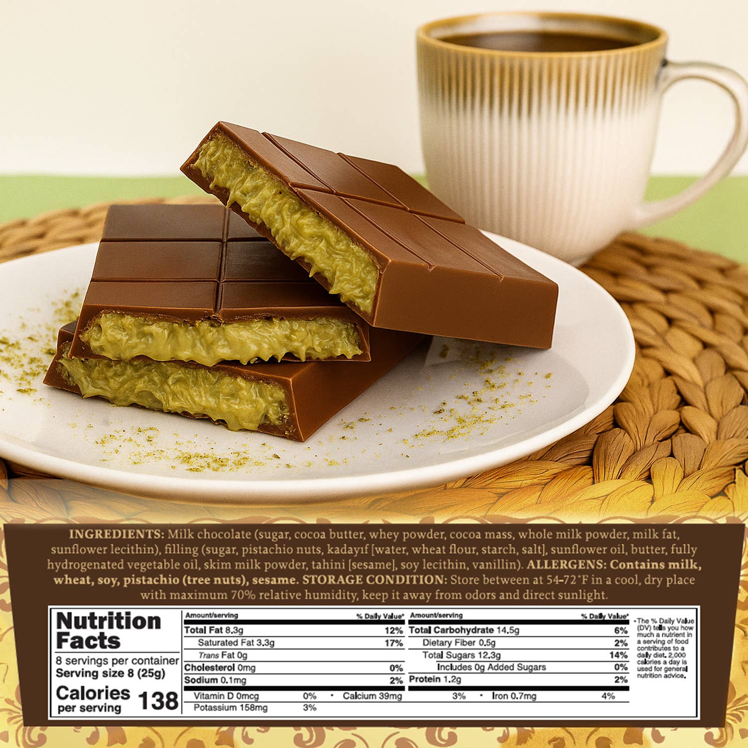 Dubai Chocolate Pistachio Bar 7 oz  - Gift-Ready Package