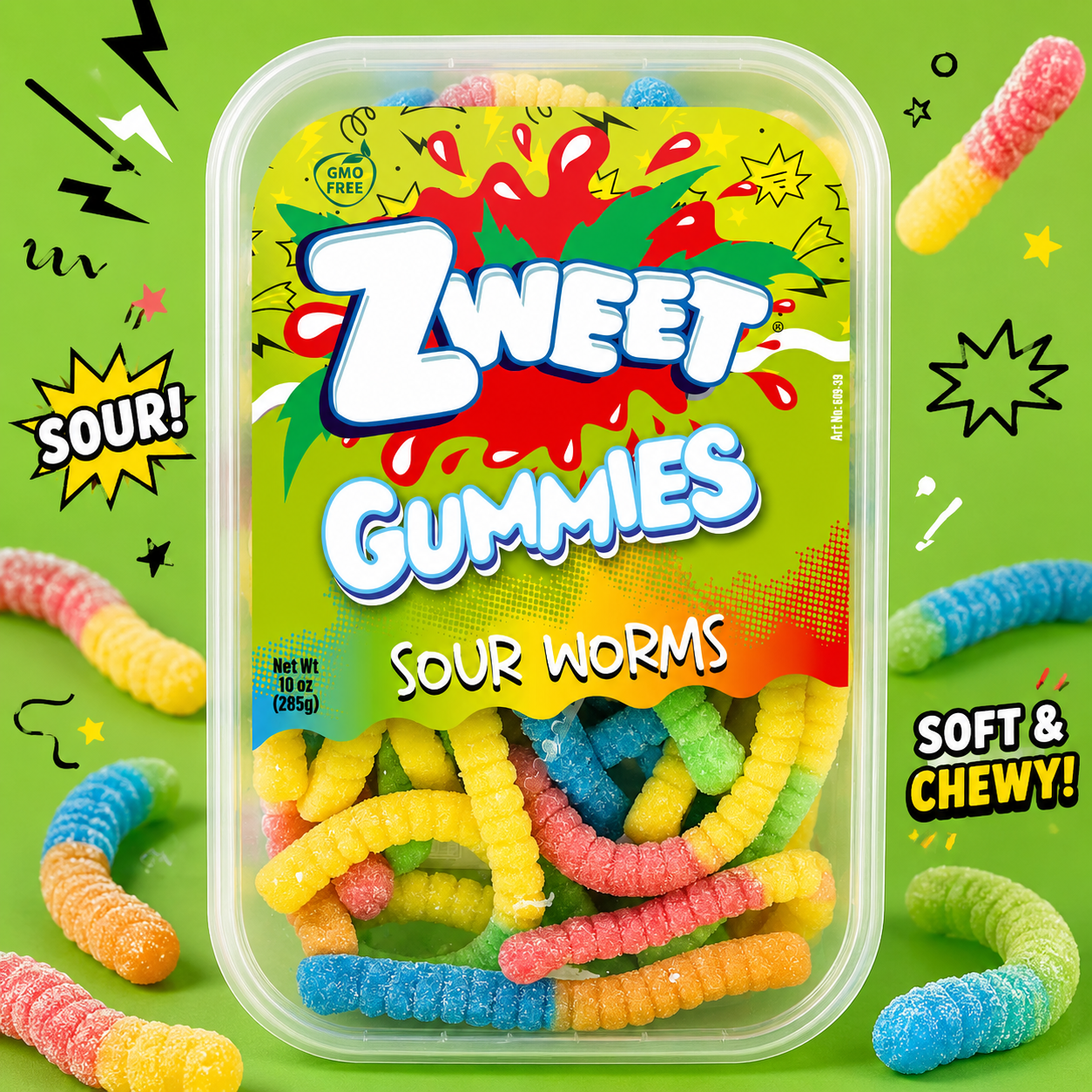Neon Gummy Sour Worms | Zweet | With Tongs for Sharing