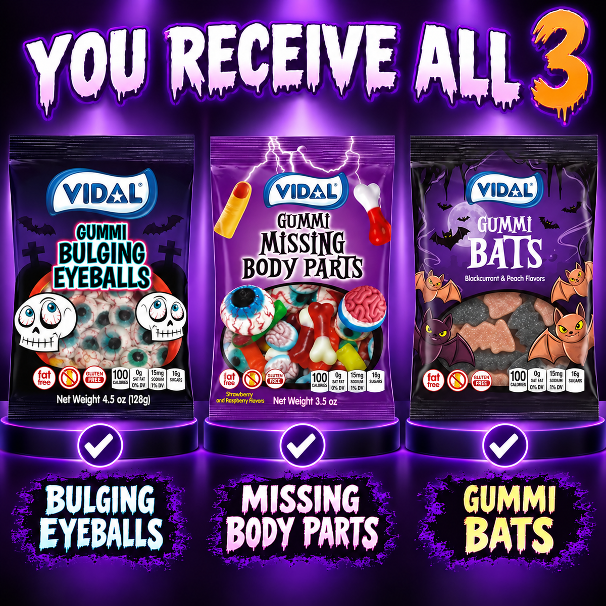 Vidal Halloween Gummy Candy 3-Bag Bundle – Eyeballs, Missing Body Parts & Gummi Bats