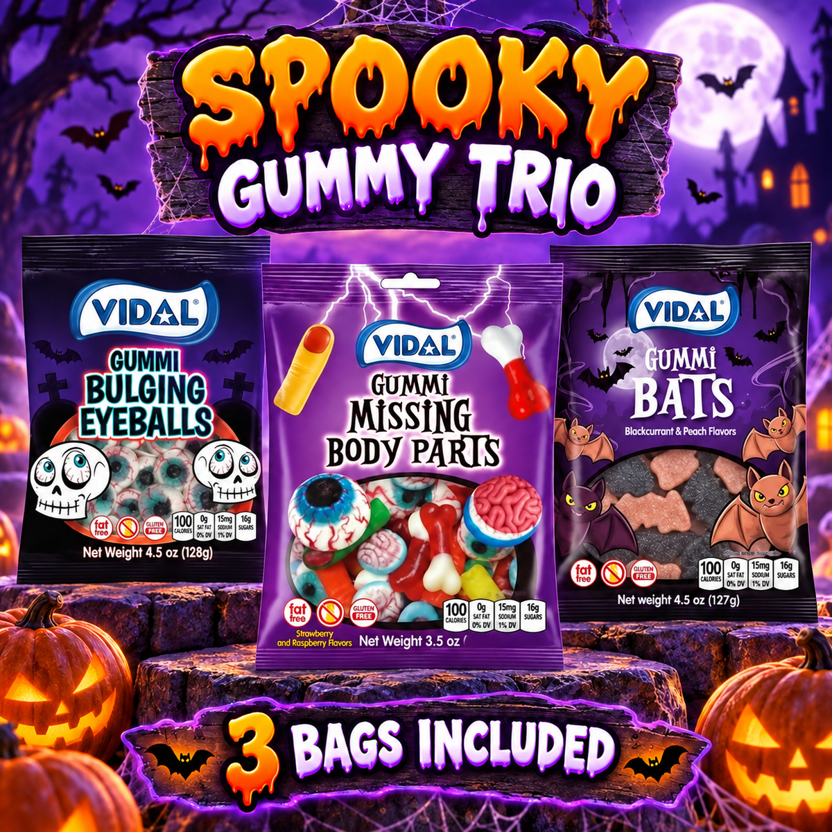 Vidal Halloween Gummy Candy 3-Bag Bundle – Eyeballs, Missing Body Parts & Gummi Bats