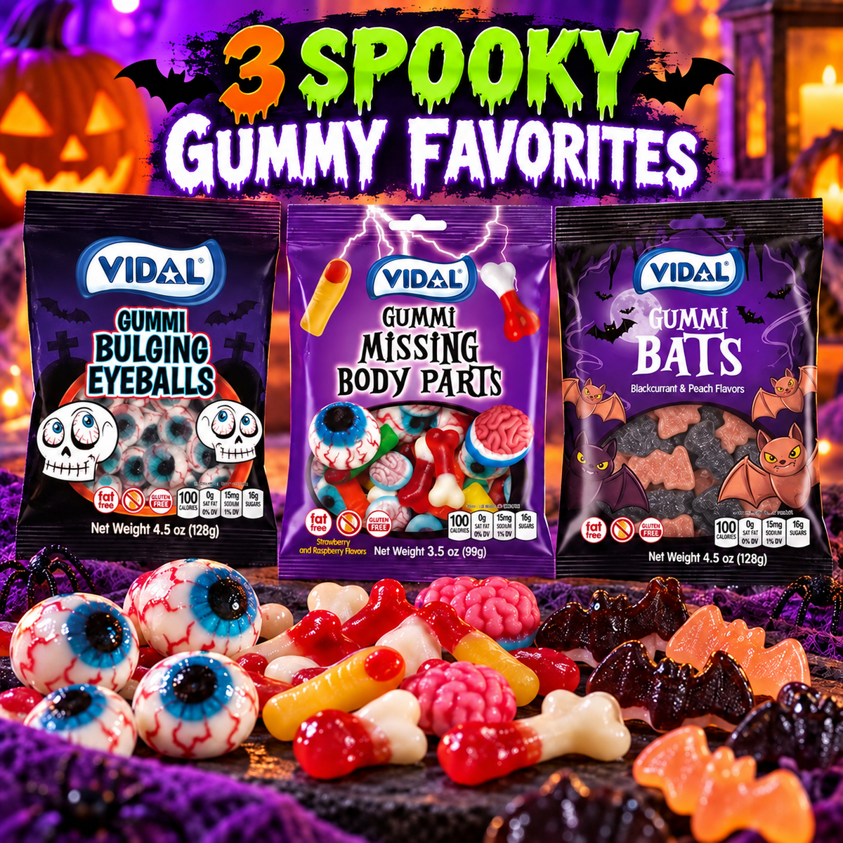 Vidal Halloween Gummy Candy 3-Bag Bundle – Eyeballs, Missing Body Parts & Gummi Bats
